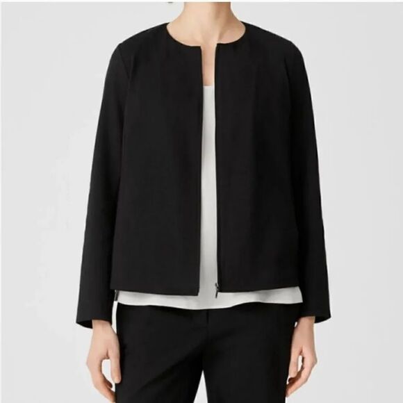 Eileen Fisher Polished Silk Blend Lined Zip Jacket in Black Size Small - Picture 1 of 11